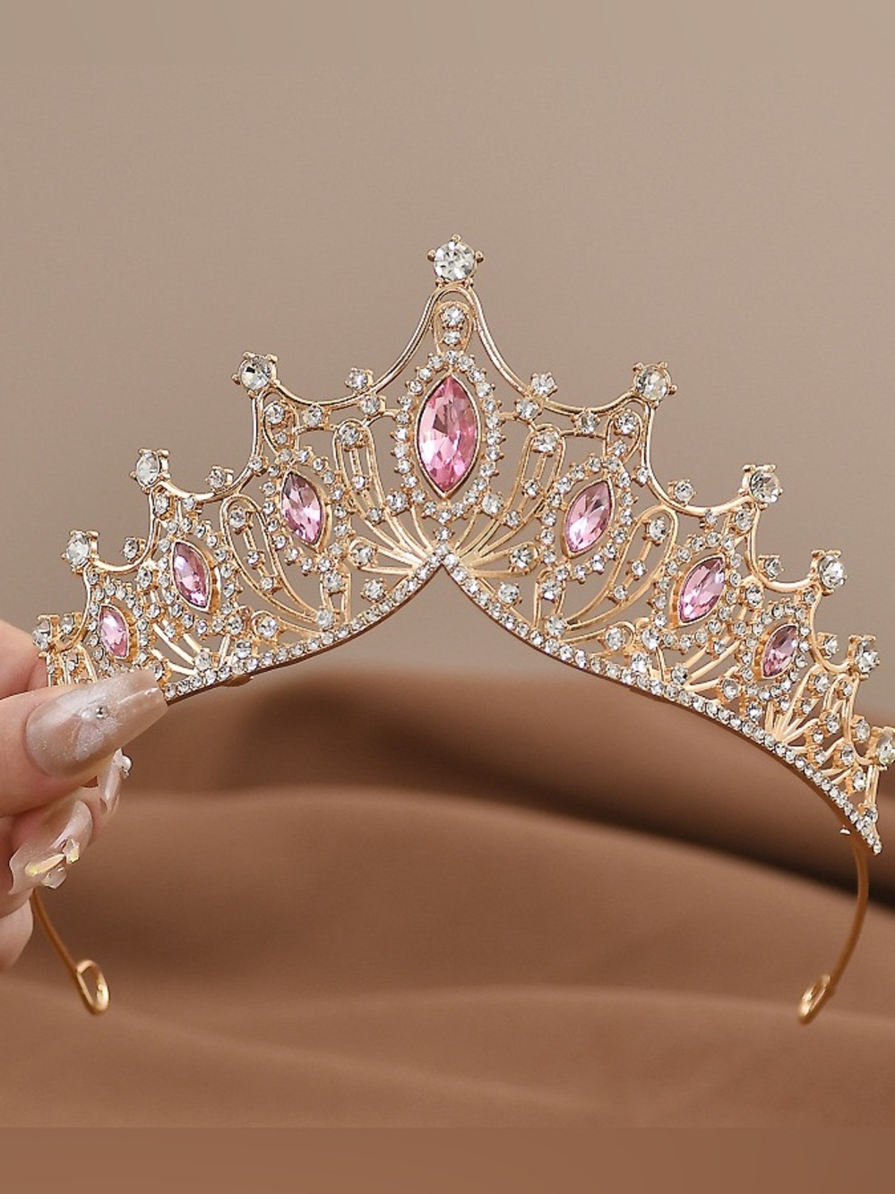 Gold and Pink Crystal Tiara Headband - Elegant Women’s Accessory